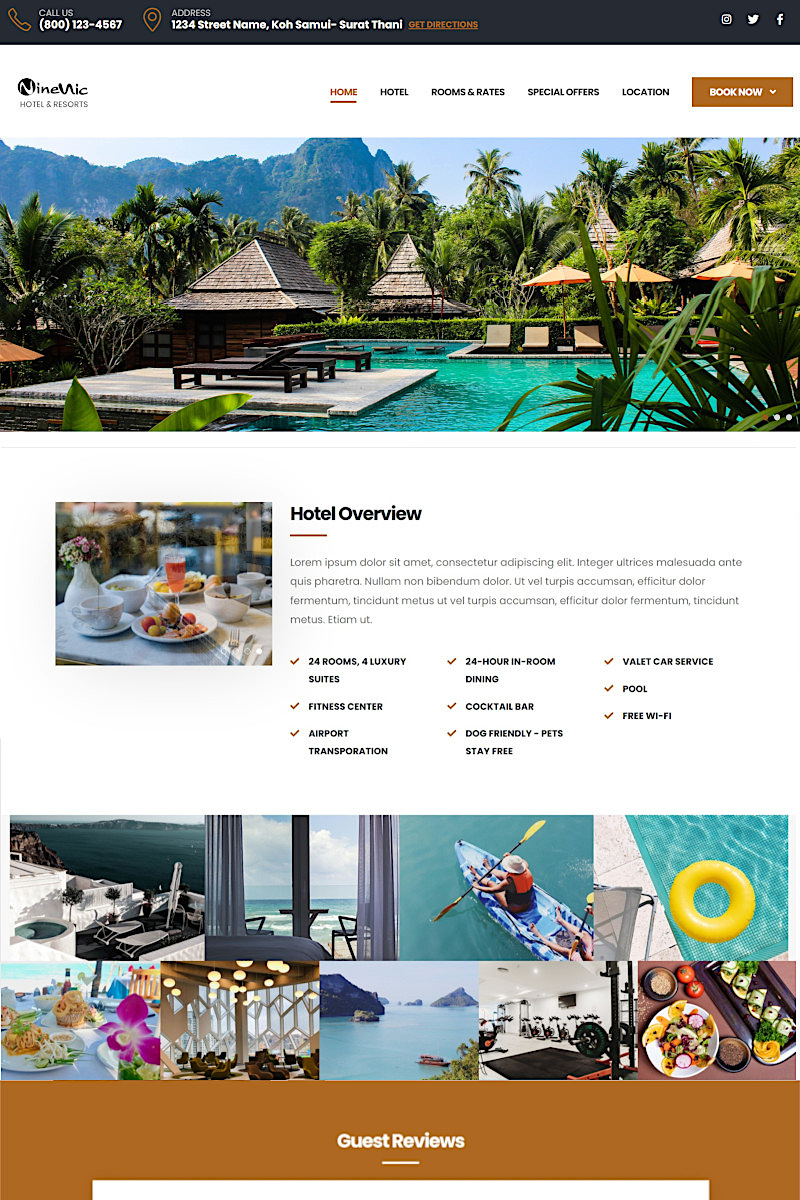 เว็บไซต์สำเร็จรูป พร้อม Themes และ Layouts ใช้ง่านง่าย! เพียงลากและวาง - ตัวอย่างเว็บไซต์โรงแรม รีสอร์ท ที่พัก Hotel - Business Wordpress Theme